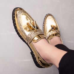 Gold Metallic Patent Leather Tassels Mens Oxfords Loafers Dress Shoes Flats